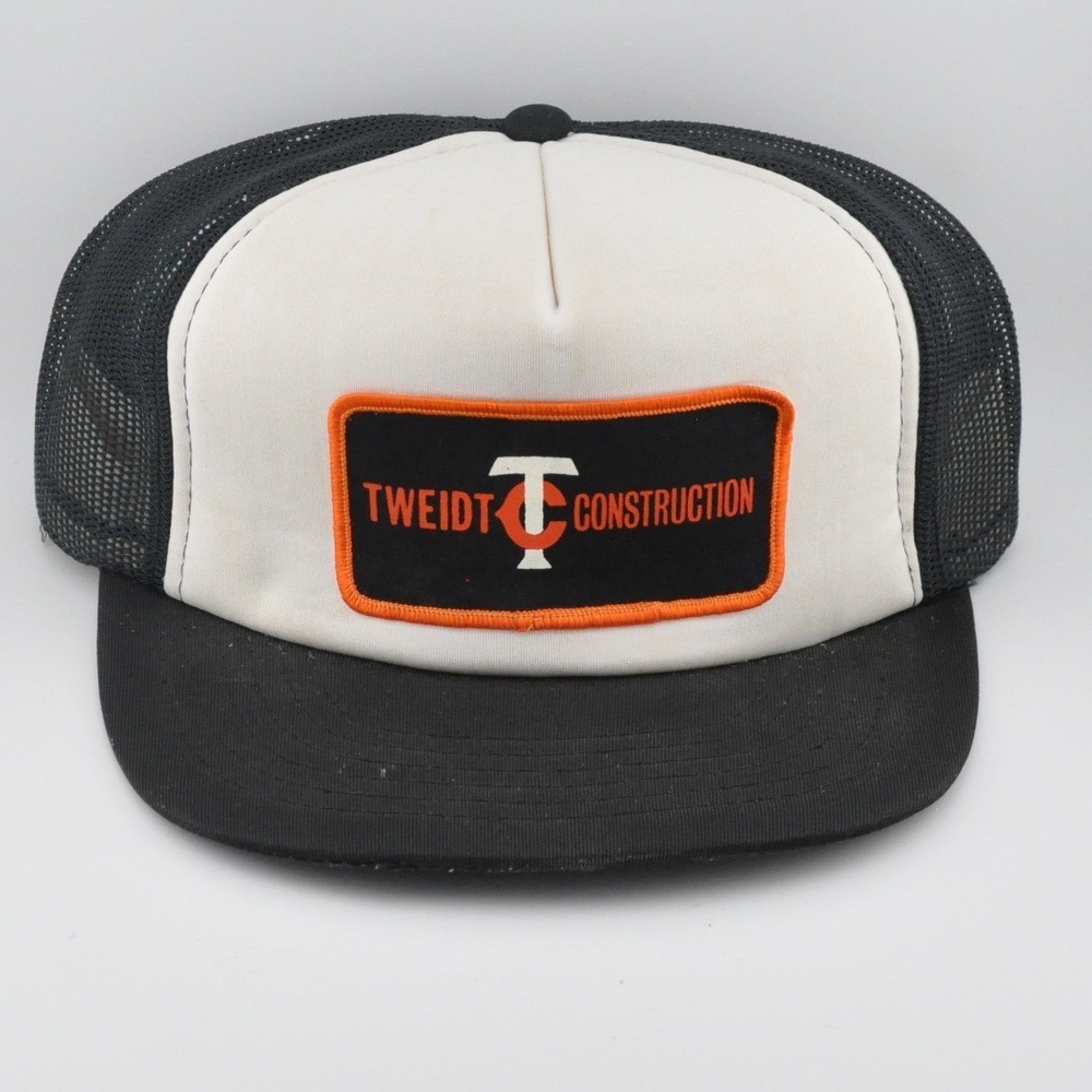 Vintage Tweidt Construction Patch Trucker Hat OSFA White Black Good
